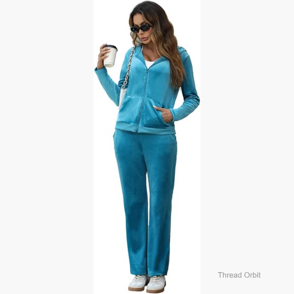Velour Tracksuit Set with Zip Hoodie and Sweatpants Size S-XXL